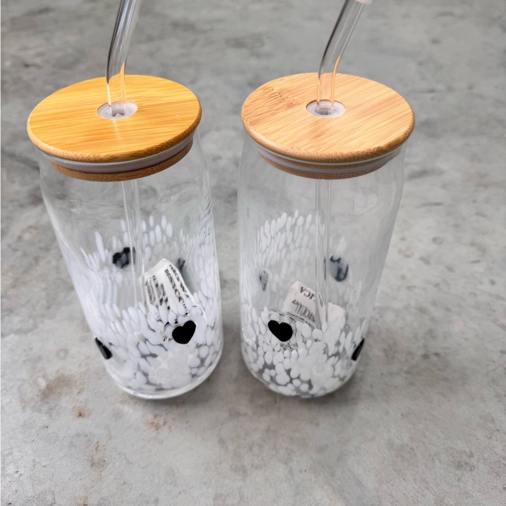 NWT Set of 2 Glass Icon Large Glass Tumblers wood Lid and Glass Straw 7”H x 3”W - Picture 2 of 10